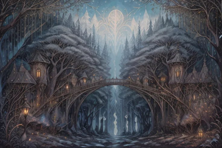 ancient elven forest, bridges span the trees and brightly lit houses nestled in the trees, warm fantasy feel, <lora:storybook_last:2.5>