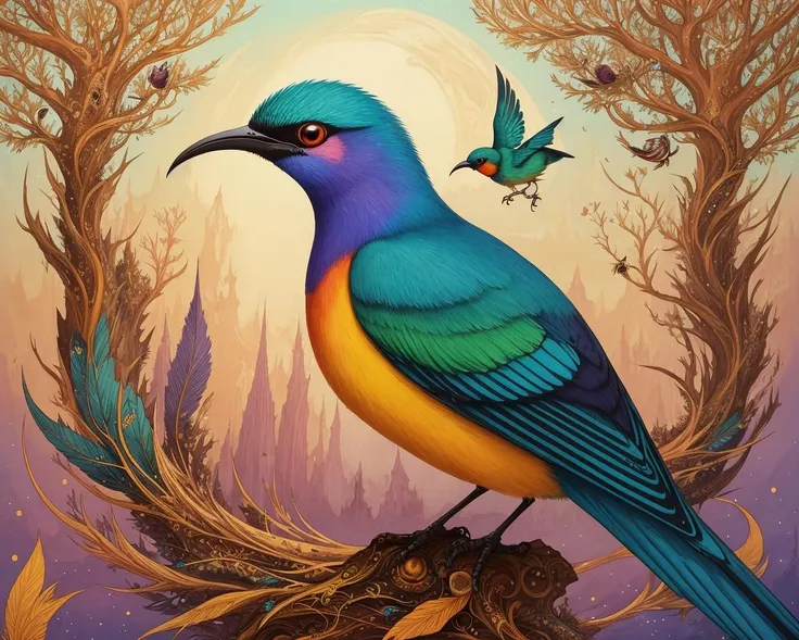 best quality,masterpiece,highly detailed,ultra-detailed, ,<lora:neg4all_bdsqlsz_V3.5:-1> <lora:storybook_last:2>africa   Sunbird, Small, Vividly colored feathers, Vividly colored feathers.
no humans,