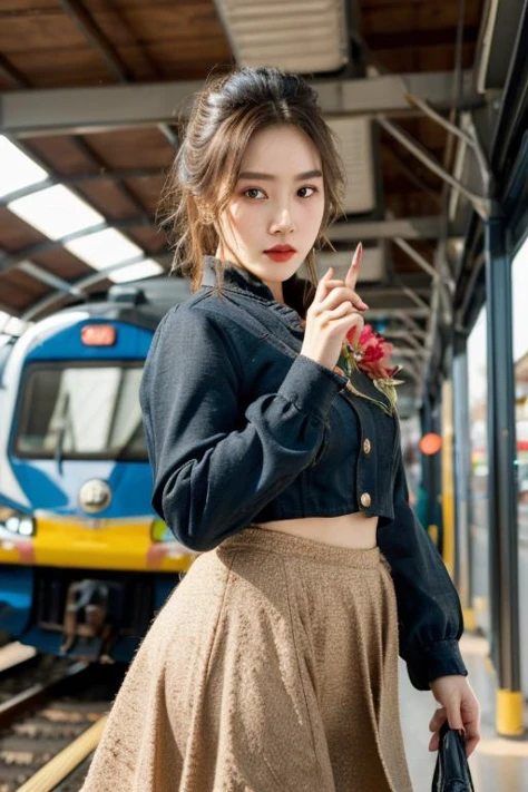 (masterpiece:1.35),(bestquality:1.4),8k,ultra-detailed,photography,(ultra-realistic:1.4),Art Composition,1girl,asian slim girl,solo,brown hair,flower,perfect skin,(extremely deteailed hair),(very detailed eyes),perfect finger,natural skin texture,brown eyes,lips,hyperrealism,cinematic color grading,cyberpunk,brightly lit interior,in a Romantic Goth train station,(from front position:1.486),
