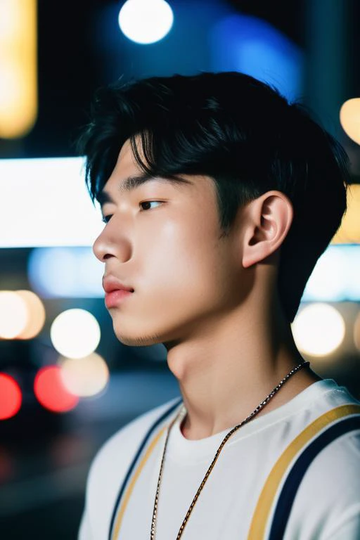 (masterpiece:1.35),(bestquality:1.4),8k,ultra-detailed,photography,(ultra-realistic:1.4),Art Composition,1boy,solo,Asian slim male,17(yo),Fujifilm Provia 400X,heavy breathing,night view,polaroid photo,night photo,pale skin,bokeh,motion blur,handsome,