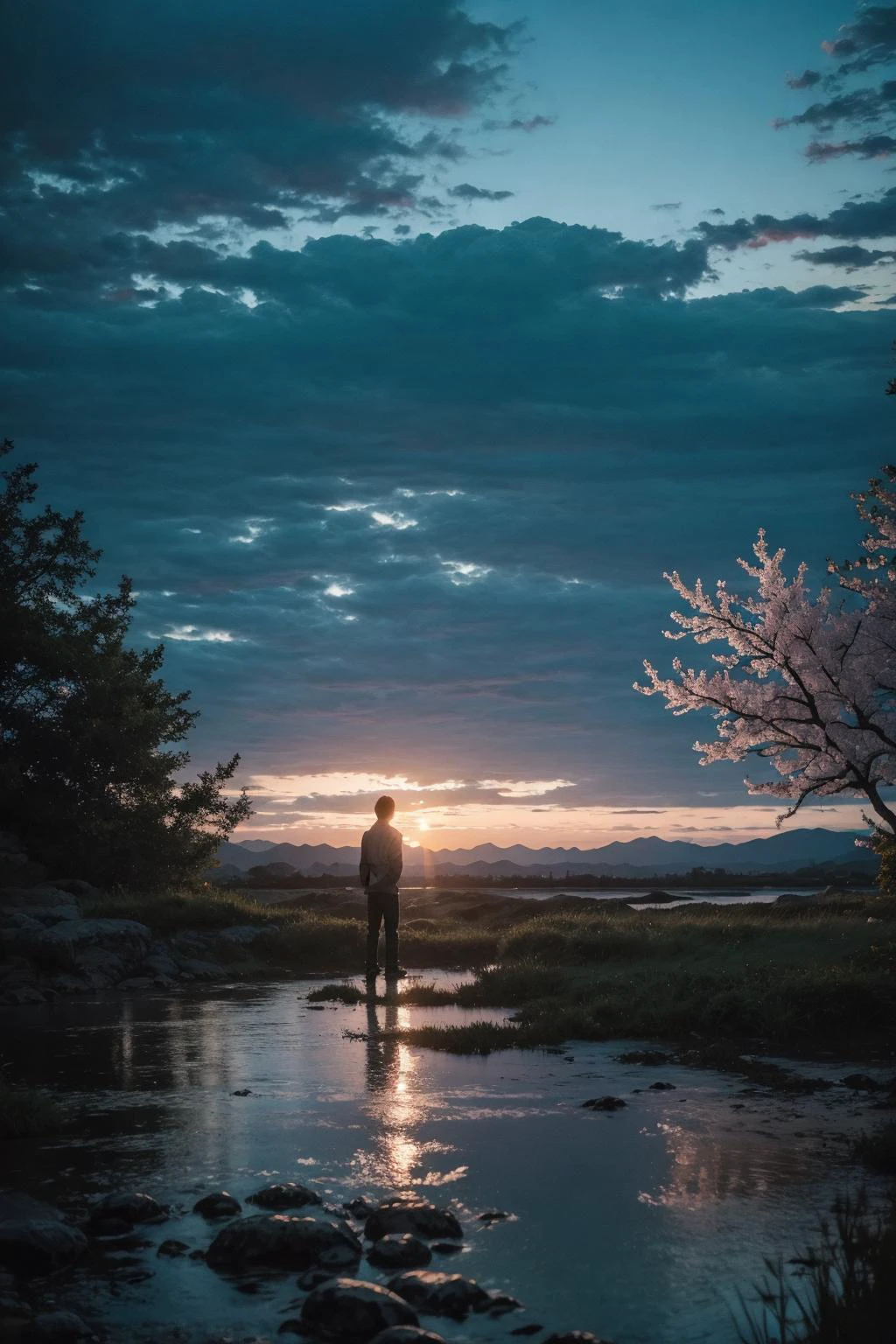 (masterpiece:1.35),(bestquality:1.4),8k,ultra-detailed,photography,(ultra-realistic:1.4),Art Composition,(1boy:1.48),asian slim boy,(solo:1.44),(full body:1.489),short hair,perfect skin,(extremely deteailed hair),(very detailed eyes),perfect finger,natural skin texture,brown eyes,stormy skies,(twinkling stars,sunset gradient,mountain silhouette,cherry blossoms,city skyline,neon lights,ocean horizon,mystic forest,ancient ruins,crystal lake,floating islands,bioluminescence water,high quality,night,high resolution:1.21),bokeh:3,