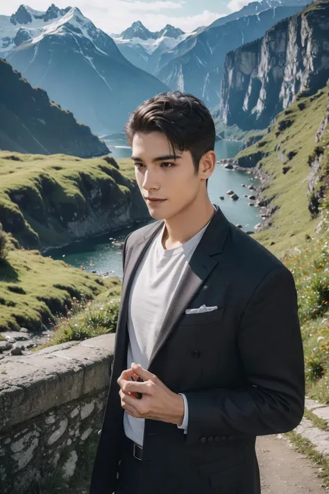 (masterpiece:1.35),(bestquality:1.4),8k,ultra-detailed,photography,(ultra-realistic:1.4),Art Composition,(1boy:1.48),(solo:1.44),Switzerland male,dark brown hair,dark eyes in Switzerland Alps,smile at you,looking at you,he shows you the beauty of the Switzerland,right hand palm in front of you to invite you to come in a place.,