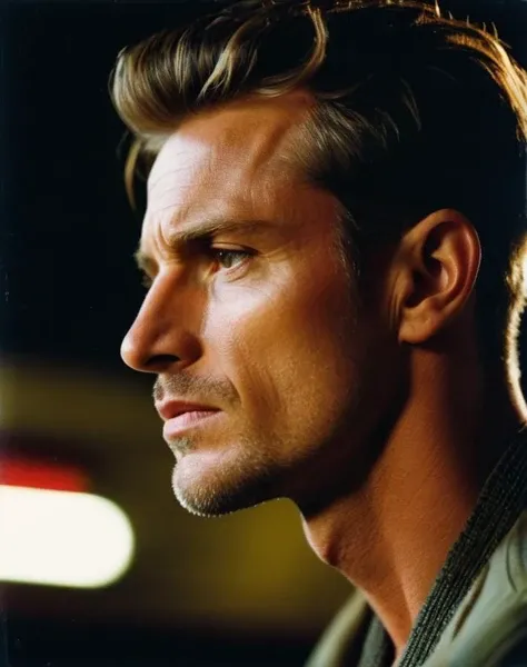 (masterpiece:1.35),(bestquality:1.4),8k,ultra-detailed,photography,(ultra-realistic:1.4),european man,head tilted up,fashion photo,side view,attractive,manly,dark,low light,analog film,contact test,faded,grainy,motion blur,from below,from bottom view,