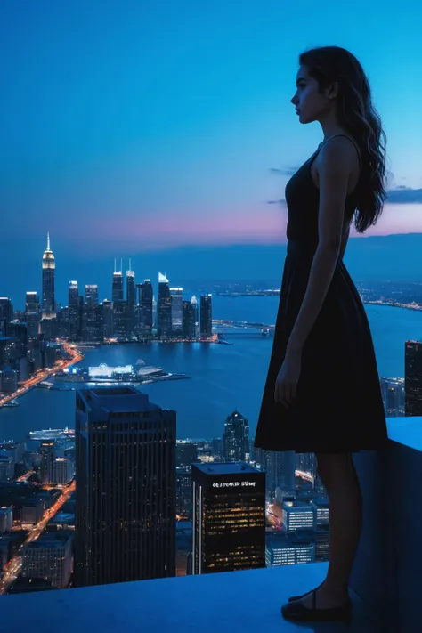 (masterpiece:1.35),(bestquality:1.4),8k,ultra-detailed,photography,(ultra-realistic:1.4),Art Composition,1girl,solo,leogirl,realistic photography,A solitary figure stands atop a skyscraper,looking out over the city as twilight descends. The figure,silhouetted against the illuminated skyline,adds a sense of drama and contemplation to the scene.,