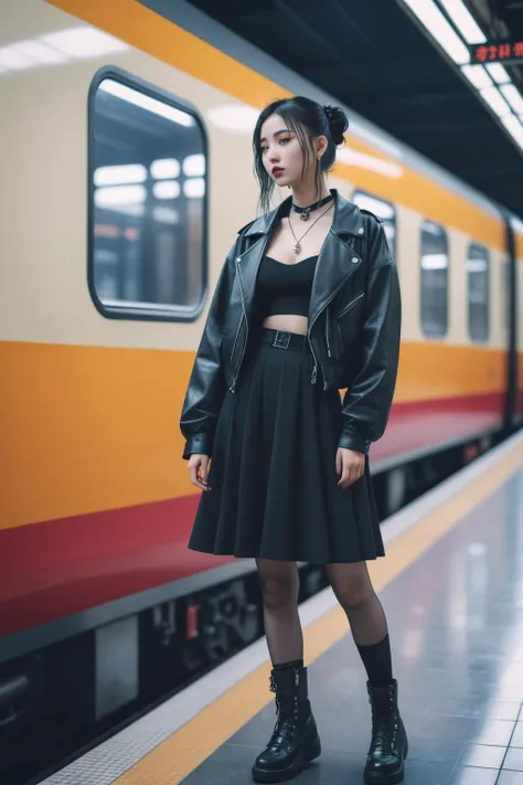 (masterpiece:1.35),(bestquality:1.4),8k,ultra-detailed,photography,(ultra-realistic:1.4),Art Composition,1girl,solo,chinese girl,photograph,hyperrealism,cinematic color grading,cyberpunk,1girl,woman,beautiful,brightly lit interior,in a Romantic Goth train station,
