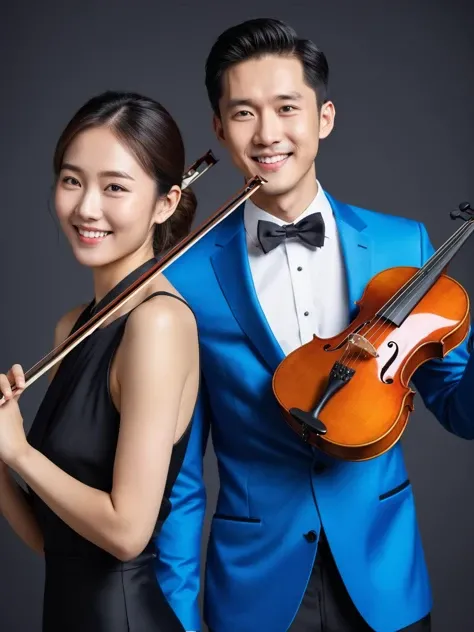 (masterpiece:1.35),(bestquality:1.4),8k,ultra-detailed,photography,(ultra-realistic:1.4),Art Composition,sharp focus,HDR,8K resolution,1boy,1girl,intricate detail,28-years-old asian male,30 years-old asian female,Asian siblings,brother and sister,violinist,cellist,30s,formal concert attire,smiling,close bond,studio lighting,detailed skin texture,(music studio dark background:1.4),(elegant poses:1.1),(smiling faces:1.1),(chamber music concert:1.1),(detailed clothing:1.1),(musical instruments:1.1),(30s age range:1.1),(fine facial features:1.1),(perfect dark lighting:1.4),(classical music:1.1),Canon EOS 5D MarkII,high-resolution,professional-grade camera,(beautiful smiles:1.1),(musicians' hands:1.1),(dynamic composition:1.1),(rich color palette:1.1),(exceptional clarity:1.1),(artistic interpretation:1.1),(impeccable technique:1.1),