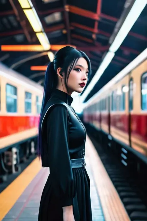 (masterpiece:1.35),(bestquality:1.4),8k,ultra-detailed,(ultra-realistic:1.4),Art Composition,sharp focus,HDR,chinese girl,photograph,hyperrealism,cinematic color grading,cyberpunk,1girl,woman,beautiful,brightly lit interior,in a Romantic Goth train station,