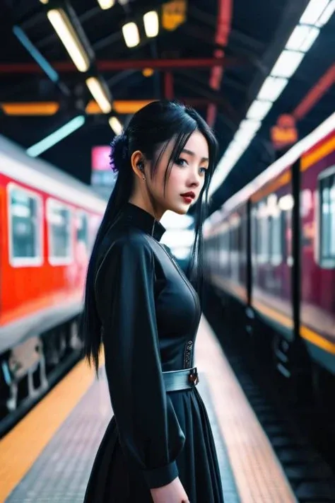 (masterpiece:1.35),(bestquality:1.4),8k,ultra-detailed,(ultra-realistic:1.4),Art Composition,sharp focus,HDR,chinese girl,photograph,hyperrealism,cinematic color grading,cyberpunk,1girl,woman,beautiful,brightly lit interior,in a Romantic Goth train station,
