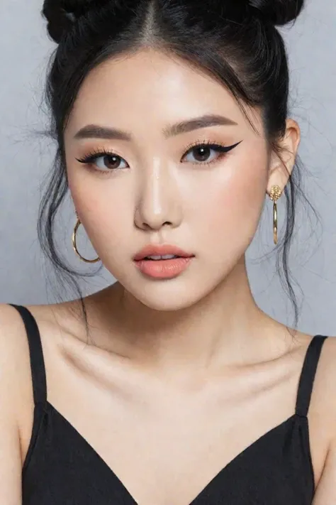 (masterpiece:1.33),(bestquality:1.21),8k,high detailed,ultra-detailed,photography,award winning,documentary,Original Photo,Realisticity,(Radom simple color background:1.35),1girl,slim asian girl,beautiful face,slim body,(real skin texture:1.21),(well-proportioned hands:1.1),(different face features for each pictures:1.45),(different girl for each picture:1.45),(random color underwear:1.21),makeup foundatiom,eyeliner,eyelashes,random color lipstick,random color nail polish,makeup,earring,rings,Black Hair,hair bun,hair over eyes,updo,[Happy Halloween|No Mouth|Blush],