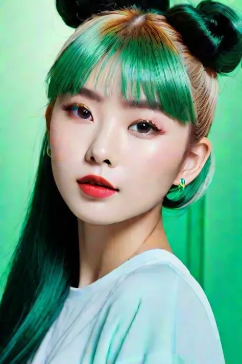 (masterpiece:1.33),(bestquality:1.21),8k,high detailed,ultra-detailed,photography,award winning,documentary,Original Photo,Realisticity,(Radom simple color background:1.35),1girl,slim asian girl,beautiful face,slim body,ultra-detailed natural skin textures,complex masterpiece,beautiful proportions,ultra realistic body proportions,improved colors,natural pose,happy imitator,natural realistic positions,(well-proportioned hands:1.1),(random color underwear:1.21),makeup foundatiom,eyeliner,eyelashes,random color lipstick,random color nail polish,makeup,earring,rings,(Emerald green Hair, topknot, hair over eyes, layered Hair, Hopeful:1.45),