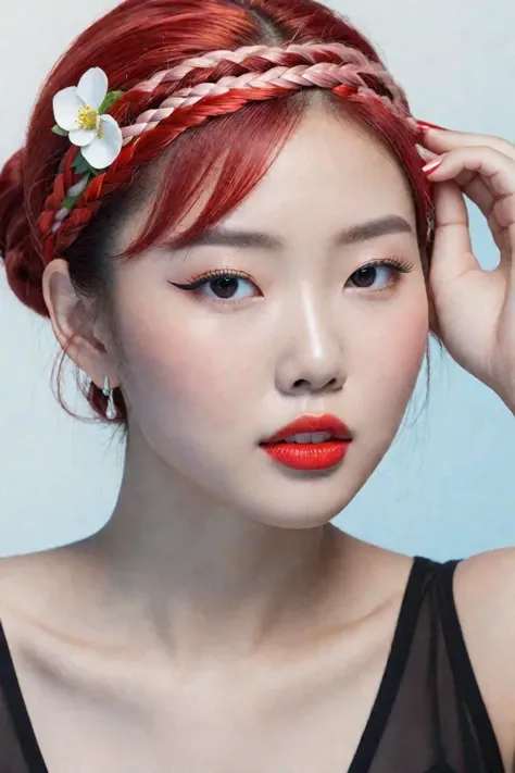 (masterpiece:1.33),(bestquality:1.21),8k,high detailed,ultra-detailed,photography,award winning,documentary,Original Photo,Realisticity,(Radom simple color background:1.35),1girl,slim asian girl,beautiful face,slim body,ultra-detailed natural skin textures,complex masterpiece,beautiful proportions,ultra realistic body proportions,improved colors,natural pose,happy imitator,natural realistic positions,(well-proportioned hands:1.1),(random color underwear:1.21),makeup foundatiom,eyeliner,eyelashes,random color lipstick,random color nail polish,makeup,earring,rings,(Strawberry red Hair, braid, sidelocks, slicked Back hair, Covered Mouth:1.45),