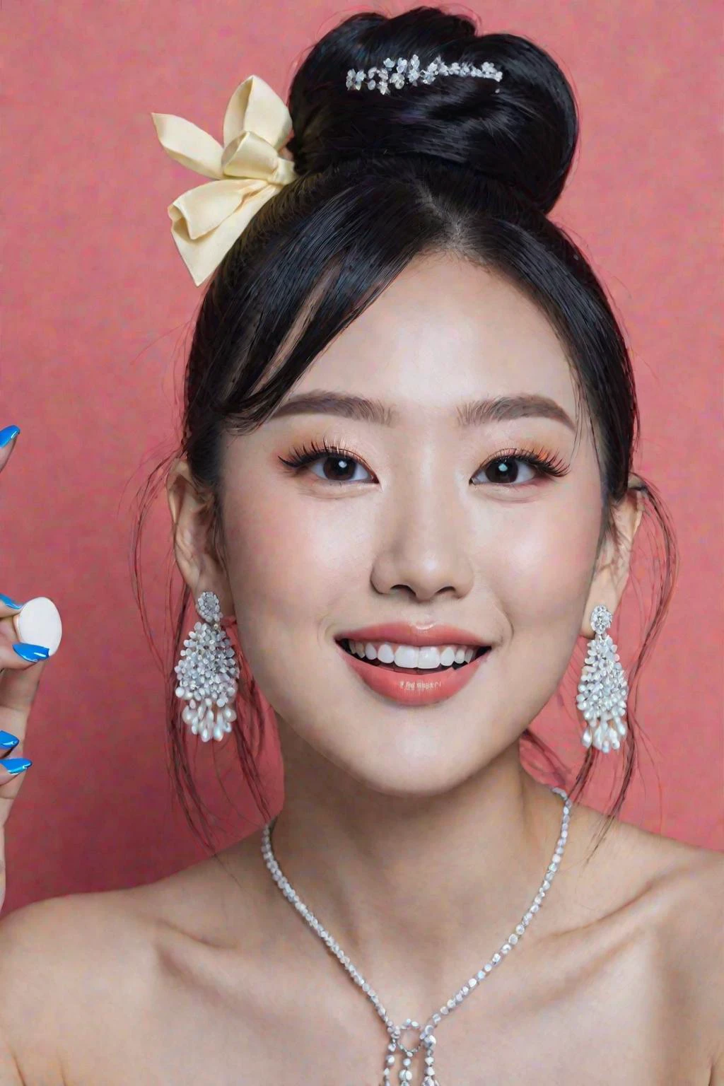 (masterpiece:1.33),(bestquality:1.21),8k,high detailed,ultra-detailed,photography,award winning,documentary,Original Photo,Realisticity,(EOS R8, 50mm, F1.2, 8K, RAW photo:1.2),(Radom simple color background:1.35),1girl,(solo:1.1),slim asian girl,beautiful face,slim body,(real skin texture:1.21),(well-proportioned hands:1.1),(random color dress:1.21),makeup foundatiom,eyeliner,eyelashes,random color lipstick,random color nail polish,makeup,earring,Laughing,Black Hair,hair over one eye,double bun,high ponytail,