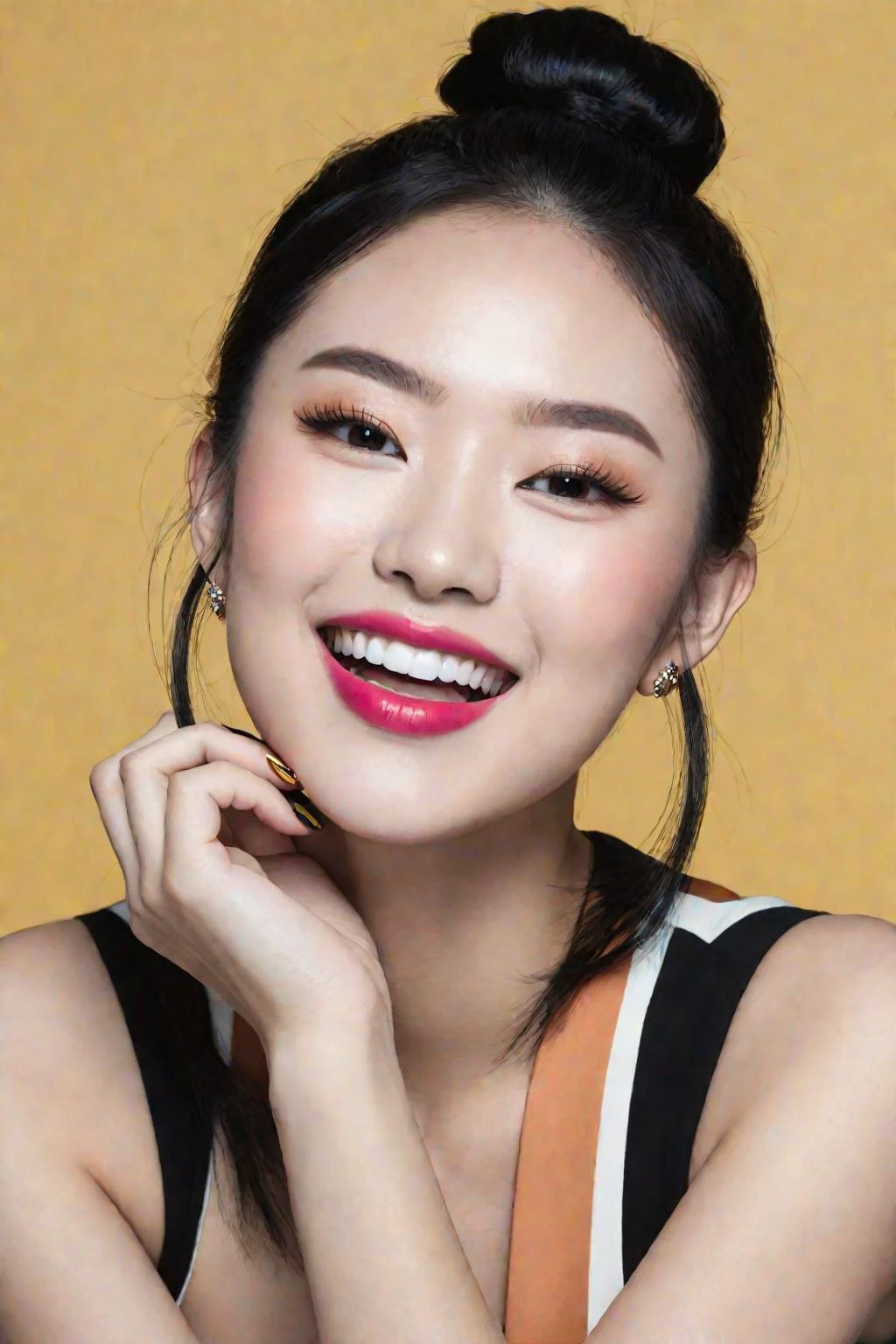 (masterpiece:1.33),(bestquality:1.21),8k,high detailed,ultra-detailed,photography,award winning,documentary,Original Photo,Realisticity,(EOS R8, 50mm, F1.2, 8K, RAW photo:1.2),(Radom simple color background:1.35),1girl,(solo:1.1),slim asian girl,beautiful face,slim body,(real skin texture:1.21),(well-proportioned hands:1.1),(random color dress:1.21),makeup foundatiom,eyeliner,eyelashes,random color lipstick,random color nail polish,makeup,earring,Laughing,Black Hair,hair over one eye,double bun,high ponytail,