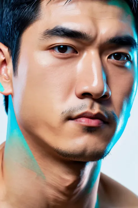 (masterpiece:1.21),(bestquality:1.21),photography,award winning,documentary,8k,high detailed,ultra-detailed,depth of field,1boy,adult,asian,male focus,handsome face,slim,real skin texture,well-proportioned hands,solo,thick eyebrows,topless male,boxie,in the studio,(simple background:1.45),<lora:add_detail:1>,(upper body:1.35),short hair,