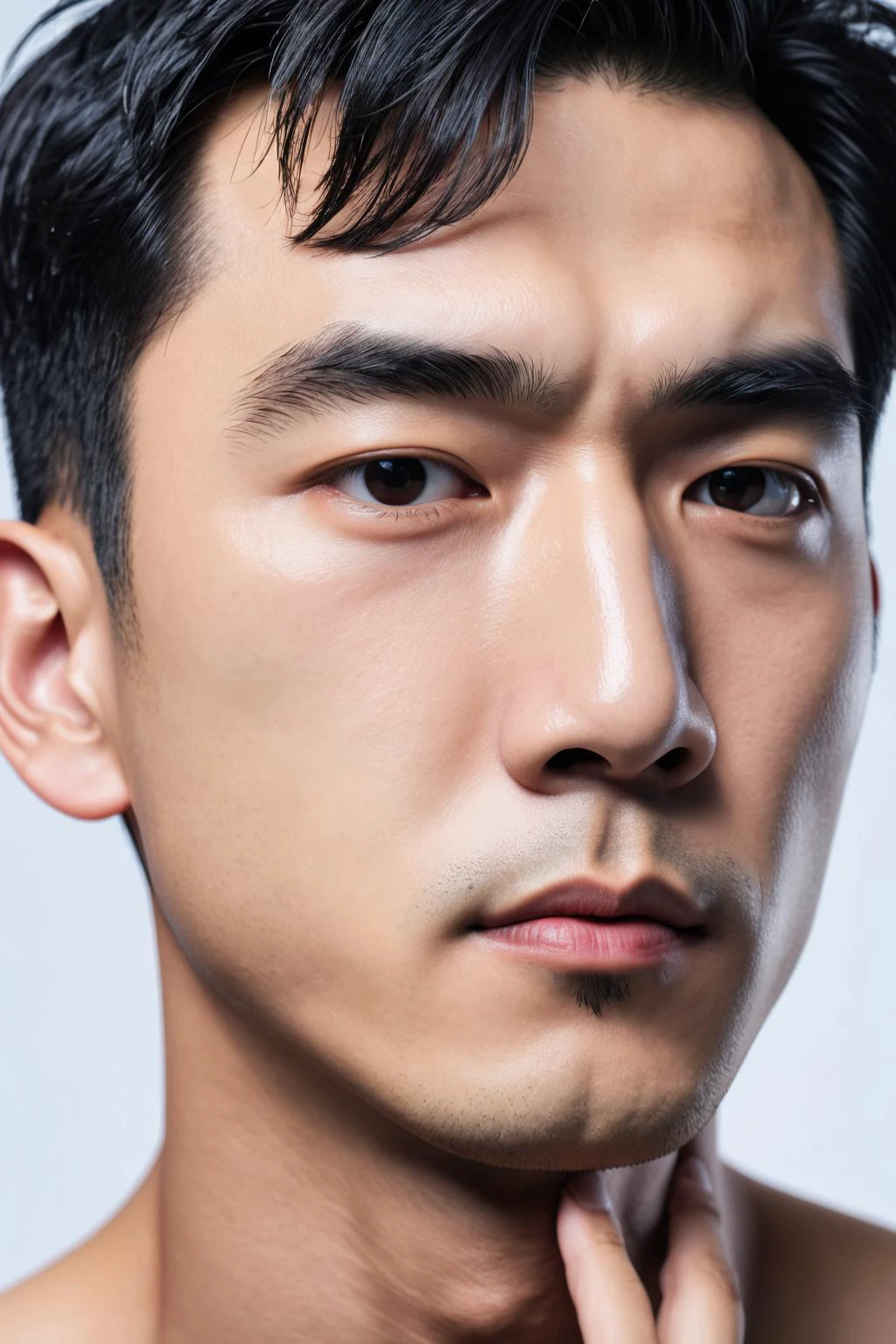 (masterpiece:1.35),(bestquality:1.4),8k,ultra-detailed,photography,(ultra-realistic:1.4),8k,depth of field,1boy,adult,asian,male focus,handsome face,slim,real skin texture,well-proportioned hands,solo,thick eyebrows,topless male,boxie,<lora:add_detail:1>,(upper body:1.35),short hair,