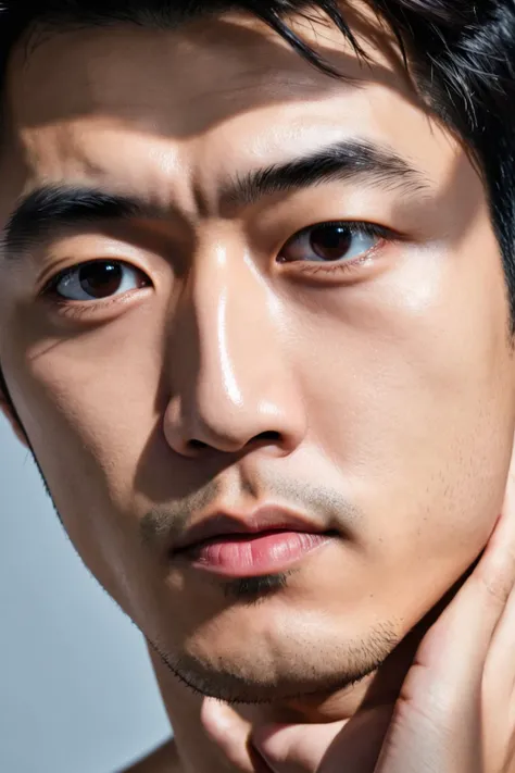 (masterpiece:1.21),(bestquality:1.21),photography,award winning,documentary,8k,high detailed,ultra-detailed,depth of field,1boy,adult,asian,male focus,handsome face,slim,real skin texture,well-proportioned hands,solo,face difference,model,thick eyebrows,topless male,boxie,in the studio,(simple background:1.45),<lora:add_detail:1>,