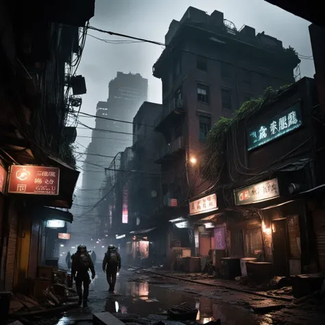 cinematic film still,CinematicVJ,realistic,(((HDR,UHD,8K,best quality,masterpiece,Insane Details))),shallow depth of field,vignette,highly detailed,high budget,bokeh,cinemascope,moody,epic,gorgeous,film grain,grainy,post-apocalyptic,cyberpunk theme,abandoned Taiwanese city,scavengers,monster evasion,night-time,dark atmosphere,foreboding shadows,neon lights flickering,rundown skyscrapers,overgrown vegetation,rusted vehicles,dilapidated streets,scavengers with improvised gear,cybernetic enhancements,glowing eyes in the darkness,scattered electronic parts,crumbling temples,graffitied walls,mysterious cyber beasts,tense survival situation,searching for supplies,reflective puddles,broken neon signs,shattered glass,scarce resources,glowing holograms,tattered clothing,gas masks,atmospheric pollution,tangled cables,flickering street lamps,makeshift weapons,fallen billboards,abandoned vendor stalls,digital advertisements still running,dense urban fog,hazardous terrain,lurking danger,survival stealth tactics,echoing monstrous roars,desperate characters,protective amulets,advanced scanning devices,rare technology components,silent drones overhead,survival packs,dimly illuminated figures,shadowy alleyways leading to potential hideouts,<lora:add_detail:1>,