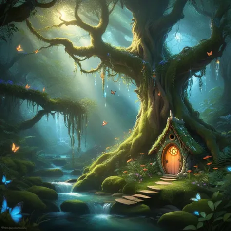 cinematic film still,CinematicVJ,realistic,(((HDR,UHD,8K,best quality,masterpiece,Insane Details))),shallow depth of field,vignette,highly detailed,high budget,bokeh,cinemascope,moody,epic,gorgeous,film grain,grainy,enchanted forest,mystical creatures,ethereal light,bioluminescent flora,fairy-tale atmosphere,ancient tree spirits,crystal-clear stream,softly glowing will-o'-the-wisps,cascading waterfalls,vibrant butterflies,hidden fairy circles,whimsical pixies,floating spores,rich foliage,detailed bark textures,iridescent pebbles,hidden elven treehouses,ambient forest sounds,serene deer drinking from the stream,hovering hummingbirds,rustling leaves,magical runes on ancient stones,sneaky critters peeking from burrows,sunbeams piercing the canopy,wispy fog over moss-covered ground,delicate spider webs with dew drops,layered forest undergrowth,glistening reflections in water,natural archways formed by branches,dappling light on forest floor,mysterious rustling in the underbrush,<lora:add_detail:1>,