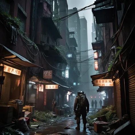 cinematic film still,CinematicVJ,realistic,(((HDR,UHD,8K,best quality,masterpiece,Insane Details))),shallow depth of field,vignette,highly detailed,high budget,bokeh,cinemascope,moody,epic,gorgeous,film grain,grainy,post-apocalyptic,cyberpunk theme,abandoned Taiwanese city,scavengers,monster evasion,night-time,dark atmosphere,foreboding shadows,neon lights flickering,rundown skyscrapers,overgrown vegetation,rusted vehicles,dilapidated streets,scavengers with improvised gear,cybernetic enhancements,glowing eyes in the darkness,scattered electronic parts,crumbling temples,graffitied walls,mysterious cyber beasts,tense survival situation,searching for supplies,reflective puddles,broken neon signs,shattered glass,scarce resources,glowing holograms,tattered clothing,gas masks,atmospheric pollution,tangled cables,flickering street lamps,makeshift weapons,fallen billboards,abandoned vendor stalls,digital advertisements still running,dense urban fog,hazardous terrain,lurking danger,survival stealth tactics,echoing monstrous roars,desperate characters,protective amulets,advanced scanning devices,rare technology components,silent drones overhead,survival packs,dimly illuminated figures,shadowy alleyways leading to potential hideouts,<lora:add_detail:1>,