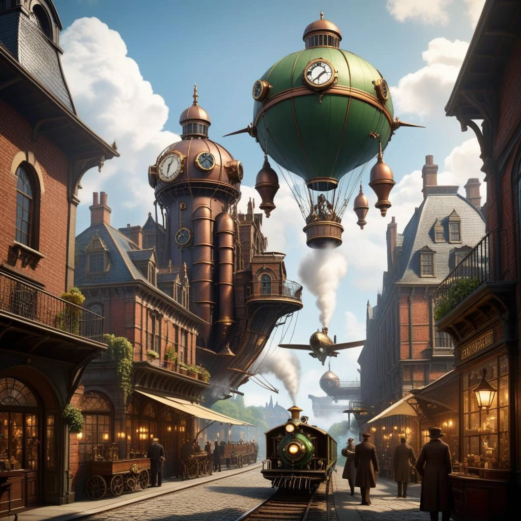 cinematic film still,CinematicVJ,realistic,(((HDR,UHD,8K,best quality,masterpiece,Insane Details))),shallow depth of field,vignette,highly detailed,high budget,bokeh,cinemascope,moody,epic,gorgeous,film grain,grainy,Steampunk metropolis,airships dotting the sky,brass and copper cityscape,intricate gears and cogs,Victorian-inspired attire,mechanical automatons,ornate steam trains,filigree street lamps,cobblestone streets,ornamental architecture,innovative machinery,science-meets-magic vibe,industrial revolution aesthetics,bustling marketplaces with quaint shops,intricate clock towers,foggy gas-lit ambiance,artisans crafting wondrous gadgets,steam-powered contraptions,pipes releasing puffs of steam,forest of chimneys,riveted steel structures,leather-clad aviators,goggles and gear-driven accessories,dirigibles with propellers,baroque sculptures,copper-domed buildings,unfolding inventor's blueprints,airship hangar in the distance,smoky skyline with hints of emerald energy,rooftop gardens with mechanical plants,ornate fountains with steam jets,<lora:add_detail:1>,