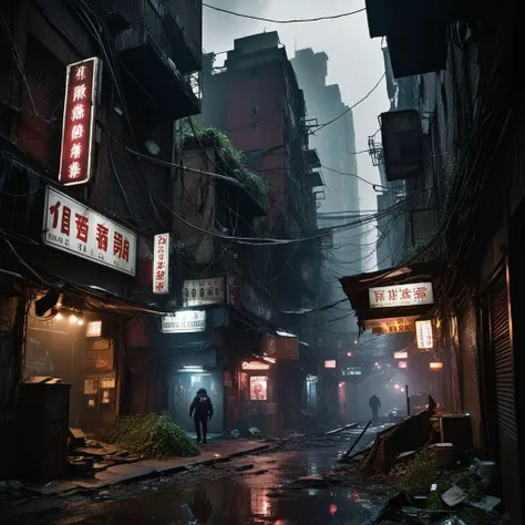 cinematic film still,CinematicVJ,realistic,(((HDR,UHD,8K,best quality,masterpiece,Insane Details))),shallow depth of field,vignette,highly detailed,high budget,bokeh,cinemascope,moody,epic,gorgeous,film grain,grainy,post-apocalyptic,cyberpunk theme,abandoned Taiwanese city,scavengers,monster evasion,night-time,dark atmosphere,foreboding shadows,neon lights flickering,rundown skyscrapers,overgrown vegetation,rusted vehicles,dilapidated streets,scavengers with improvised gear,cybernetic enhancements,glowing eyes in the darkness,scattered electronic parts,crumbling temples,graffitied walls,mysterious cyber beasts,tense survival situation,searching for supplies,reflective puddles,broken neon signs,shattered glass,scarce resources,glowing holograms,tattered clothing,gas masks,atmospheric pollution,tangled cables,flickering street lamps,makeshift weapons,fallen billboards,abandoned vendor stalls,digital advertisements still running,dense urban fog,hazardous terrain,lurking danger,survival stealth tactics,echoing monstrous roars,desperate characters,protective amulets,advanced scanning devices,rare technology components,silent drones overhead,survival packs,dimly illuminated figures,shadowy alleyways leading to potential hideouts,<lora:add_detail:1>,