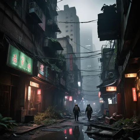 cinematic film still,CinematicVJ,realistic,(((HDR,UHD,8K,best quality,masterpiece,Insane Details))),shallow depth of field,vignette,highly detailed,high budget,bokeh,cinemascope,moody,epic,gorgeous,film grain,grainy,post-apocalyptic,cyberpunk theme,abandoned Taiwanese city,scavengers,monster evasion,night-time,dark atmosphere,foreboding shadows,neon lights flickering,rundown skyscrapers,overgrown vegetation,rusted vehicles,dilapidated streets,scavengers with improvised gear,cybernetic enhancements,glowing eyes in the darkness,scattered electronic parts,crumbling temples,graffitied walls,mysterious cyber beasts,tense survival situation,searching for supplies,reflective puddles,broken neon signs,shattered glass,scarce resources,glowing holograms,tattered clothing,gas masks,atmospheric pollution,tangled cables,flickering street lamps,makeshift weapons,fallen billboards,abandoned vendor stalls,digital advertisements still running,dense urban fog,hazardous terrain,lurking danger,survival stealth tactics,echoing monstrous roars,desperate characters,protective amulets,advanced scanning devices,rare technology components,silent drones overhead,survival packs,dimly illuminated figures,shadowy alleyways leading to potential hideouts,<lora:add_detail:1>,