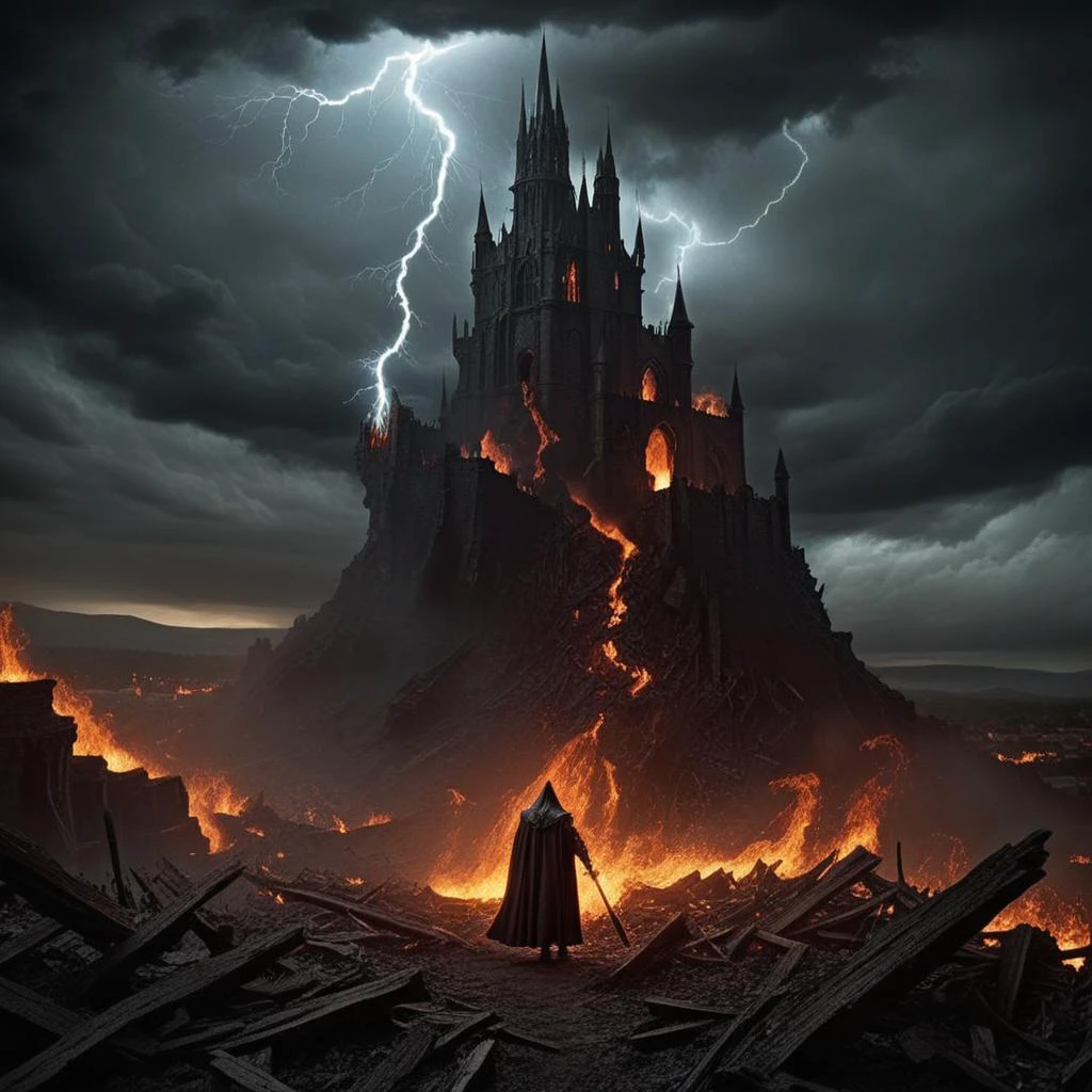 cinematic film still,CinematicVJ,realistic,(((HDR,UHD,8K,best quality,masterpiece,Insane Details))),shallow depth of field,vignette,highly detailed,high budget,bokeh,cinemascope,moody,epic,gorgeous,film grain,grainy,medieval fantasy,epic battle scene,dark weather,witch casting spells,magic destruction,armies devastated,ominous clouds,lightning strikes,whirlwinds of dark energy,arcane symbols,terrified soldiers,chaos on the battlefield,charred armor,blasted landscape,fallen banners,scorched earth,mystical flames,shattered weapons,swirling dark mist,powerful incantations,spectral ravens circling,twisted expressions of fear,agonized screams,unnatural distortions in the sky,ominous presence,steeds rearing,fragmented siege engines,castle ruins,shockwaves emanating from the witch,energy vortexes,disintegrated formations,arcane sigils glowing on the ground,debris-filled air,cloaked figure on a cliff,devastating power,troops in disarray,smoky remnants of magic,armored corpses,spectral apparitions aiding the witch,ferocious windstorms,darkened sun,remnants of a failed charge,overwhelming sense of doom,frenzied escape attempts,<lora:add_detail:1>,