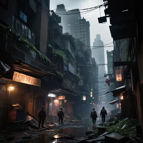 cinematic film still,CinematicVJ,realistic,(((HDR,UHD,8K,best quality,masterpiece,Insane Details))),shallow depth of field,vignette,highly detailed,high budget,bokeh,cinemascope,moody,epic,gorgeous,film grain,grainy,post-apocalyptic,cyberpunk theme,abandoned Taiwanese city,scavengers,monster evasion,night-time,dark atmosphere,foreboding shadows,neon lights flickering,rundown skyscrapers,overgrown vegetation,rusted vehicles,dilapidated streets,scavengers with improvised gear,cybernetic enhancements,glowing eyes in the darkness,scattered electronic parts,crumbling temples,graffitied walls,mysterious cyber beasts,tense survival situation,searching for supplies,reflective puddles,broken neon signs,shattered glass,scarce resources,glowing holograms,tattered clothing,gas masks,atmospheric pollution,tangled cables,flickering street lamps,makeshift weapons,fallen billboards,abandoned vendor stalls,digital advertisements still running,dense urban fog,hazardous terrain,lurking danger,survival stealth tactics,echoing monstrous roars,desperate characters,protective amulets,advanced scanning devices,rare technology components,silent drones overhead,survival packs,dimly illuminated figures,shadowy alleyways leading to potential hideouts,<lora:add_detail:1>,