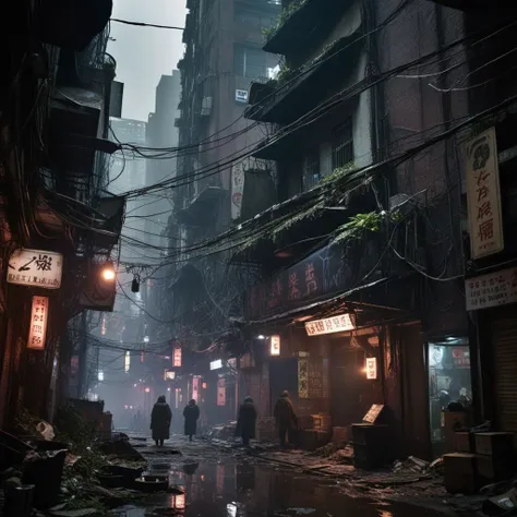 cinematic film still,CinematicVJ,realistic,(((HDR,UHD,8K,best quality,masterpiece,Insane Details))),shallow depth of field,vignette,highly detailed,high budget,bokeh,cinemascope,moody,epic,gorgeous,film grain,grainy,post-apocalyptic,cyberpunk theme,abandoned Taiwanese city,scavengers,monster evasion,night-time,dark atmosphere,foreboding shadows,neon lights flickering,rundown skyscrapers,overgrown vegetation,rusted vehicles,dilapidated streets,scavengers with improvised gear,cybernetic enhancements,glowing eyes in the darkness,scattered electronic parts,crumbling temples,graffitied walls,mysterious cyber beasts,tense survival situation,searching for supplies,reflective puddles,broken neon signs,shattered glass,scarce resources,glowing holograms,tattered clothing,gas masks,atmospheric pollution,tangled cables,flickering street lamps,makeshift weapons,fallen billboards,abandoned vendor stalls,digital advertisements still running,dense urban fog,hazardous terrain,lurking danger,survival stealth tactics,echoing monstrous roars,desperate characters,protective amulets,advanced scanning devices,rare technology components,silent drones overhead,survival packs,dimly illuminated figures,shadowy alleyways leading to potential hideouts,<lora:add_detail:1>,