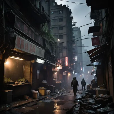 cinematic film still,CinematicVJ,realistic,(((HDR,UHD,8K,best quality,masterpiece,Insane Details))),shallow depth of field,vignette,highly detailed,high budget,bokeh,cinemascope,moody,epic,gorgeous,film grain,grainy,post-apocalyptic,cyberpunk theme,abandoned Taiwanese city,scavengers,monster evasion,night-time,dark atmosphere,foreboding shadows,neon lights flickering,rundown skyscrapers,overgrown vegetation,rusted vehicles,dilapidated streets,scavengers with improvised gear,cybernetic enhancements,glowing eyes in the darkness,scattered electronic parts,crumbling temples,graffitied walls,mysterious cyber beasts,tense survival situation,searching for supplies,reflective puddles,broken neon signs,shattered glass,scarce resources,glowing holograms,tattered clothing,gas masks,atmospheric pollution,tangled cables,flickering street lamps,makeshift weapons,fallen billboards,abandoned vendor stalls,digital advertisements still running,dense urban fog,hazardous terrain,lurking danger,survival stealth tactics,echoing monstrous roars,desperate characters,protective amulets,advanced scanning devices,rare technology components,silent drones overhead,survival packs,dimly illuminated figures,shadowy alleyways leading to potential hideouts,<lora:add_detail:1>,