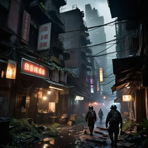 cinematic film still,CinematicVJ,realistic,(((HDR,UHD,8K,best quality,masterpiece,Insane Details))),shallow depth of field,vignette,highly detailed,high budget,bokeh,cinemascope,moody,epic,gorgeous,film grain,grainy,post-apocalyptic,cyberpunk theme,abandoned Taiwanese city,scavengers,monster evasion,night-time,dark atmosphere,foreboding shadows,neon lights flickering,rundown skyscrapers,overgrown vegetation,rusted vehicles,dilapidated streets,scavengers with improvised gear,cybernetic enhancements,glowing eyes in the darkness,scattered electronic parts,crumbling temples,graffitied walls,mysterious cyber beasts,tense survival situation,searching for supplies,reflective puddles,broken neon signs,shattered glass,scarce resources,glowing holograms,tattered clothing,gas masks,atmospheric pollution,tangled cables,flickering street lamps,makeshift weapons,fallen billboards,abandoned vendor stalls,digital advertisements still running,dense urban fog,hazardous terrain,lurking danger,survival stealth tactics,echoing monstrous roars,desperate characters,protective amulets,advanced scanning devices,rare technology components,silent drones overhead,survival packs,dimly illuminated figures,shadowy alleyways leading to potential hideouts,<lora:add_detail:1>,