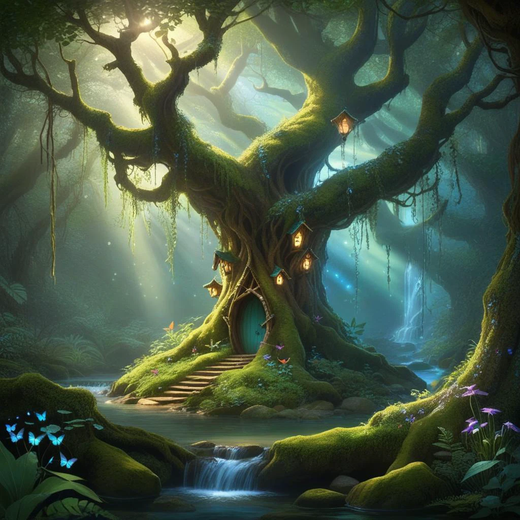 cinematic film still,CinematicVJ,realistic,(((HDR,UHD,8K,best quality,masterpiece,Insane Details))),shallow depth of field,vignette,highly detailed,high budget,bokeh,cinemascope,moody,epic,gorgeous,film grain,grainy,enchanted forest,mystical creatures,ethereal light,bioluminescent flora,fairy-tale atmosphere,ancient tree spirits,crystal-clear stream,softly glowing will-o'-the-wisps,cascading waterfalls,vibrant butterflies,hidden fairy circles,whimsical pixies,floating spores,rich foliage,detailed bark textures,iridescent pebbles,hidden elven treehouses,ambient forest sounds,serene deer drinking from the stream,hovering hummingbirds,rustling leaves,magical runes on ancient stones,sneaky critters peeking from burrows,sunbeams piercing the canopy,wispy fog over moss-covered ground,delicate spider webs with dew drops,layered forest undergrowth,glistening reflections in water,natural archways formed by branches,dappling light on forest floor,mysterious rustling in the underbrush,<lora:add_detail:1>,