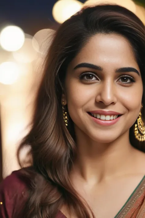 hires close up portrait photo of a woman, sharvari wagh, outdoors, realistic skin texture, smiling, looking looking at camera, indian clothes, smiling, night time, beautiful bokeh <lora:Sharvari_Wagh_SDXL_LoRA:1>