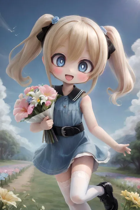 <lora:Bubbles-08:0.8>, (bubbles), (blonde hair, blue eyes, short twintails, pigtails), (dress, sky-blue sleeveless dress, black belt, white thighhighs, black footwear),
(8k, masterpiece, best quality, ultra-detailed),
cute face, kawaii, cute, very big eyes, Aesthetic Anime Eyes, small face,
smile, open mouth,
(bouquet:1.2), (flower field),
looking at viewer,
1girl, solo,