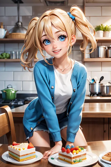 bubbles, blue eyes, blonde hair, short twintails, blue cardigan, looking at viewer, smiling, happy, teeth, sitting, behind table, inside cozy kitchen, table full of food, cake, ice cream, candy, high quality, masterpiece,  <lora:Bubbles:.8>