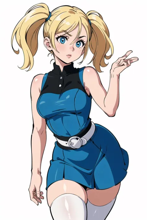 (Bubbles:1.0), (yellow-blonde hair, blue eyes, short twintails, pigtails), (dress, sky-blue sleeveless dress, simple black belt, white thighhighs:1.5), (white background:1.5), (realistic:1.2), (masterpiece:1.2), (full-body-shot:1),(Cowboy-shot:1.2), neon lighting, dark romantic lighting, (highly detailed:1.2),(detailed face:1.2), (gradients), colorful, detailed eyes, (detailed landscape:1.2), (natural lighting:1.2), (cute pose:1.2), (solo, one person, one subject:1.5), standing, <lora:Bubbles-08:0.7> <lora:add_detail:0.15>