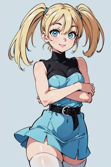 (Bubbles:1.0), smiling, (yellow-blonde hair, blue eyes, short twintails, pigtails), (dress, sky-blue sleeveless dress, simple black belt, white thighhighs:1.5), (blue pastel background:1.5), (realistic:1.2), (masterpiece:1.2), (full-body-shot:1),(Cowboy-shot:1.2), neon lighting, dark romantic lighting, (highly detailed:1.2),(detailed face:1.2), (gradients), colorful, detailed eyes, (detailed landscape:1.2), (natural lighting:1.2), (cute pose:1.2), (solo, one person, one subject:1.5), standing, <lora:Bubbles-08:0.7> <lora:add_detail:0.15> <lora:hipoly3DModelLora_v10:0.05> <lora:RSERomantic_RSESofiko_RSEEmma-v1:0.1> <lora:BeautifulEyes:0.65>