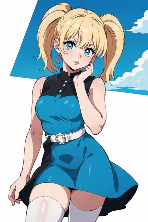 (Bubbles:1.0), (yellow-blonde hair, blue eyes, short twintails, pigtails), (dress, sky-blue sleeveless dress, simple black belt, white thighhighs:1.5), (white background:1.5), (realistic:1.2), (masterpiece:1.2), (full-body-shot:1),(Cowboy-shot:1.2), neon lighting, dark romantic lighting, (highly detailed:1.2),(detailed face:1.2), (gradients), colorful, detailed eyes, (detailed landscape:1.2), (natural lighting:1.2), (cute pose:1.2), (solo, one person, one subject:1.5), standing, <lora:Bubbles-08:0.7> <lora:add_detail:0.15>