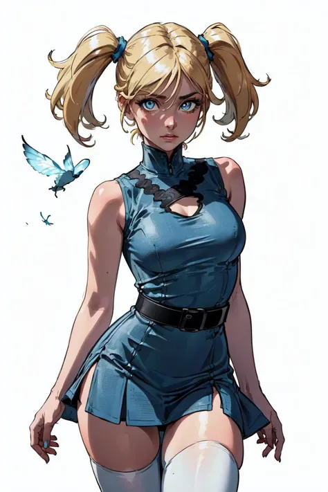 (Bubbles:1.0), (yellow-blonde hair, blue eyes, short twintails, pigtails), (dress, sky-blue sleeveless dress, simple black belt, white thighhighs:1.5), (white background:1.5), (realistic:1.2), (masterpiece:1.2), (full-body-shot:1),(Cowboy-shot:1.2), neon lighting, dark romantic lighting, (highly detailed:1.2),(detailed face:1.2), (gradients), colorful, detailed eyes, (detailed landscape:1.2), (natural lighting:1.2), (cute pose:1.2), (solo, one person, one subject:1.5), standing, <lora:Bubbles-08:0.7> <lora:add_detail:0.15> <lora:hipoly3DModelLora_v10:0.05> <lora:RSERomantic_RSESofiko_RSEEmma-v1:0.1> <lora:BeautifulEyes:0.65>