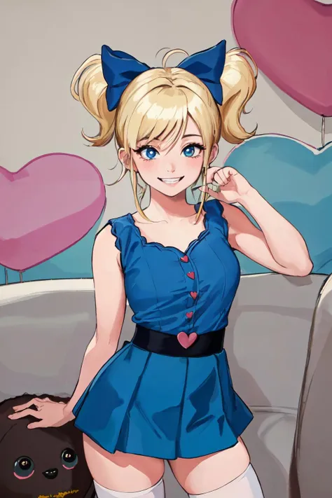 <lyco:Bubbles-08:0.9> bubbles,meme,blonde hair,messy hair,hair bow,thighhighs,blue dress, heart,skirt,stuffed toy,heart background,grin,
(best quality, masterpiece, RAW photo,ultra-detailed:1.2), <lyco:GoodHands-beta2:1.0>,1girl,solo,looking at viewer,smile