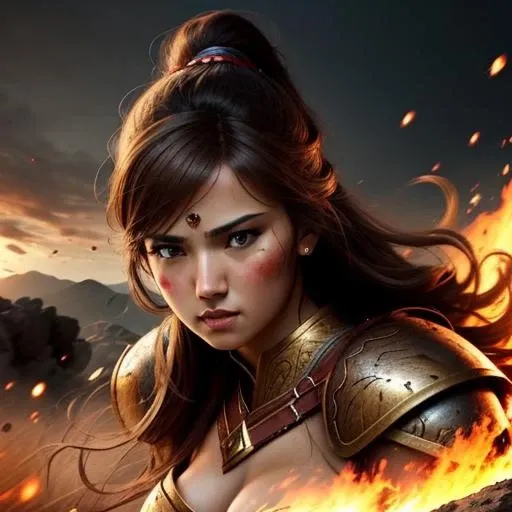 a great female warrior with cute_face on an epic battlefield, Cinematic, Epic light,ultra wide angle <:0.9>