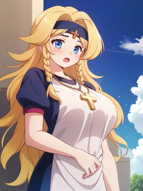 <lora:Linda_DKM:0.8>,LindaDKM, 1girl, soro, blonde hair, long hair, blue eyes, cross, jewelry, necklace, headband, circlet, braid, large_breasts,
dark blue buruma, blush, white gym uniform, open mouth, cowboy Shot, outdoor, sky,
masterpiece, high quality, very_high_resolution, large_filesize, full color,