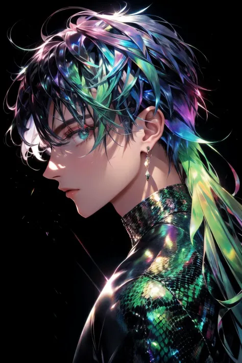 male, holographic hair, green eye, holographic snake, black background <lora:Holographic_effect:0.8>