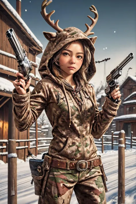 1girl,  (Style-GHL:0.5),  reindeer costume, hood up, <lora:reindeer-outfit-richy-v1:0.6>,  <lora:Armed_Cowgirls:0.6> holding a colt, waiting pose, silver gun, revolver, cowboy pistol, camo buckskin, shooters stance