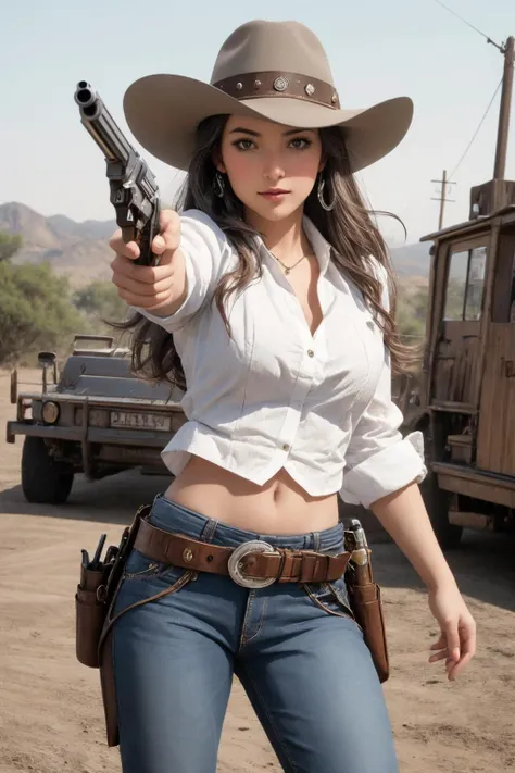 1girl, pointing a colt toward the viewer, cowgirl cartridge belt, cowgirl outfits, holster on hips, <lora:Armed_Cowgirls:0.4>, gun in hand, holding a gun, holding a colt, shooters pose, revolver, silver gun,