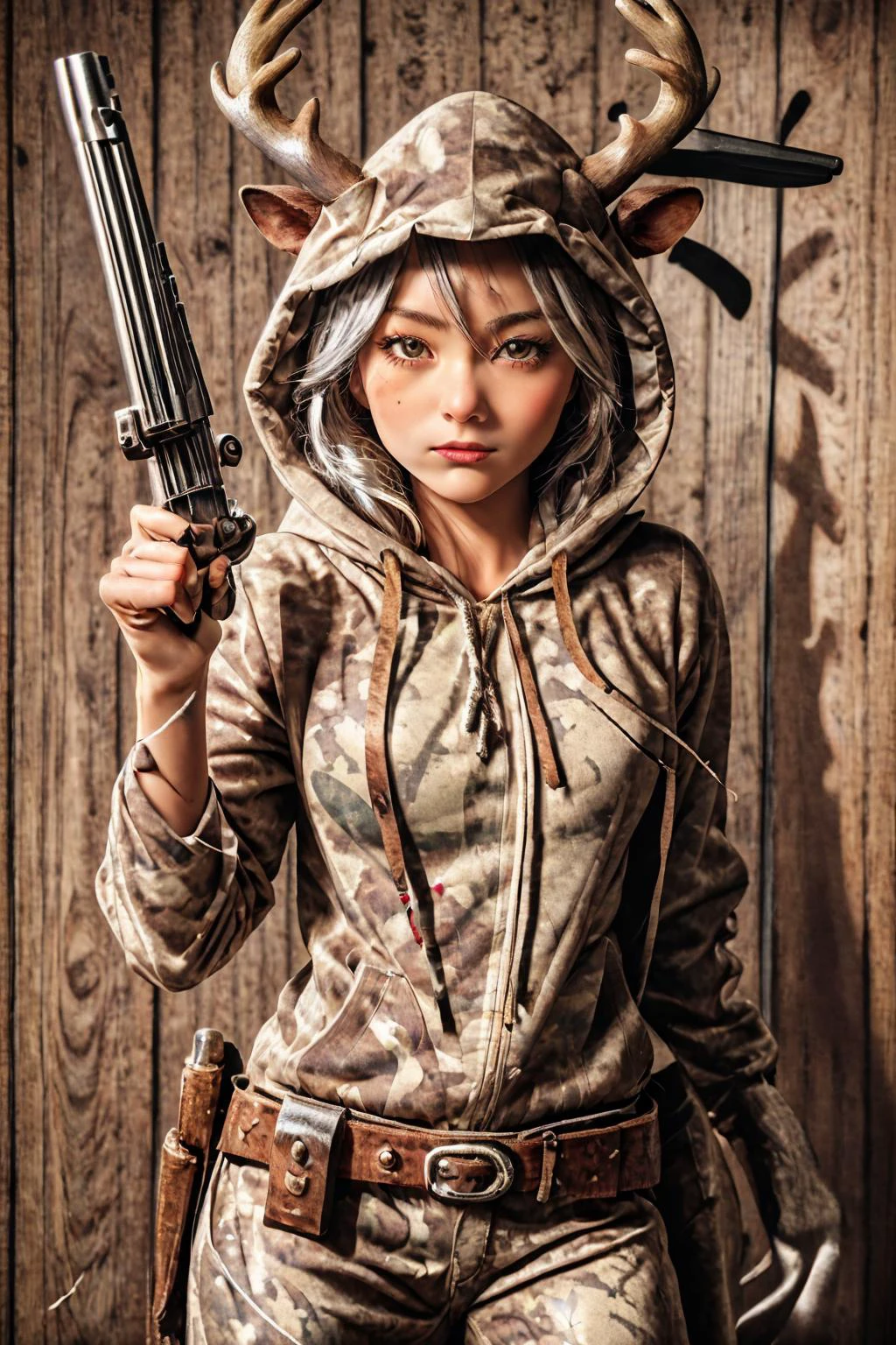 1girl, (Style-GHL:0.5), reindeer costume, hood up, <lora:reindeer-outfit-richy-v1:0.6>, <lora:Armed_Cowgirls:0.6> holding a colt, waiting pose, silver gun, revolver, cowboy pistol, camo buckskin, shooters stance