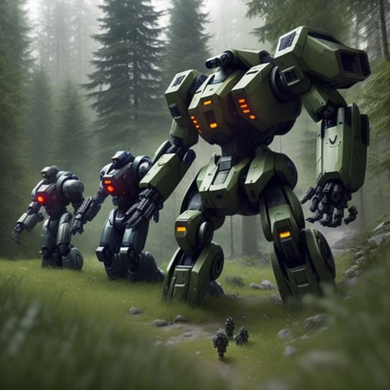 A a group of battlemechs patrolling in an alpine forest, inspired by FASA, realistic CGI, dynamic lighting, PBR, subsurface scattering, unreal engine, highly detailed, rule of thirds, leading lines
