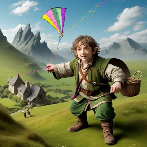 A hobbit flying a kite