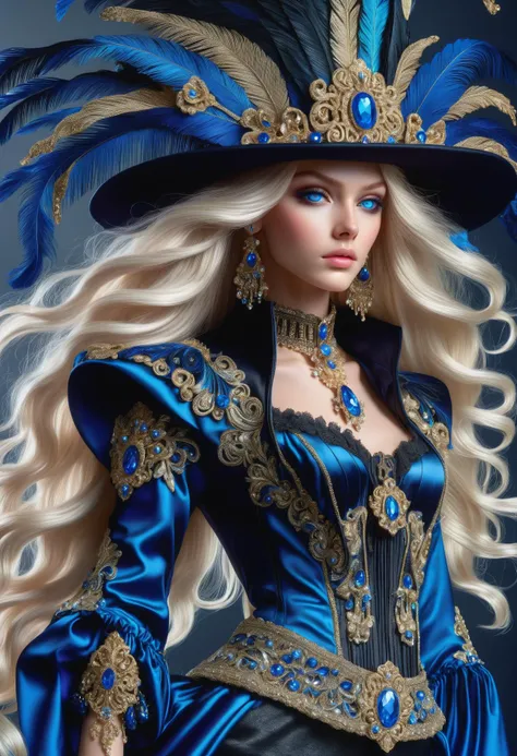 DonMM1yaXL woman, baroque Tricorn Hats, Beaded Fringe, __clothings/features/baroque/male/attire/collor-cleavage__, Embellished Cravats, Tassels and Fringe on Breeches, Filigree Buckles,  bluish-black, wings,DonM3t3rn1tyXL,  <lora:myLora\DonMM1y4XL-v1.1-000008:.8> <lora:released\DonM3t3rn1tyXL-v1.1-000008:.8> <lora:SDXL\DetailedEyes_V3> <lora:myLora\DonMDr4g0nXL-rb>