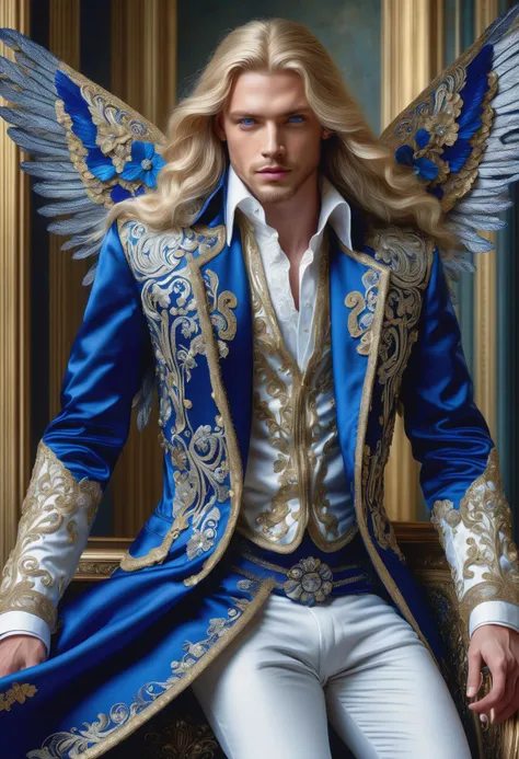 DonMM1yaXL man, baroque Court Suits, Gossamer Ribbons, __clothings/baroque/male/attire/collor-cleavage__, Waistcoat Chains, Breeches with Embroidery, Filigree Buckles, sapphire, wings,DonM3t3rn1tyXL, <lora:myLora\DonMM1y4XL-v1.1-000008:.8> <lora:released\DonM3t3rn1tyXL-v1.1-000008:.8> <lora:SDXL\DetailedEyes_V3> <lora:myLora\DonMDr4g0nXL-rb>